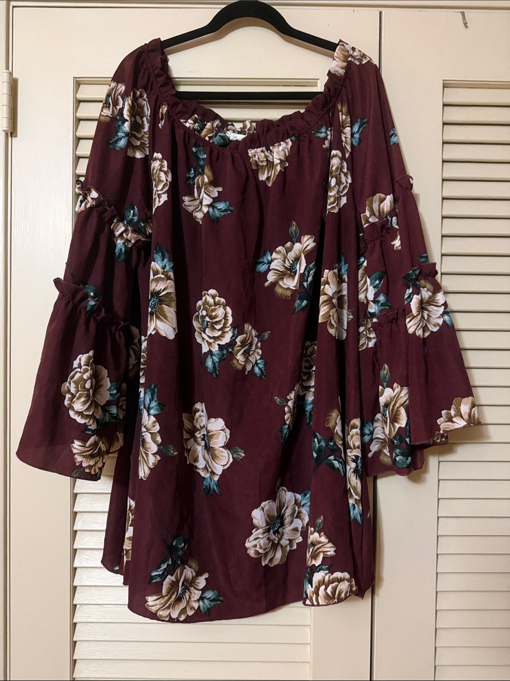 Off-Shoulder Floral Tunic Top - Burgundy